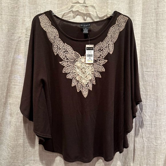 NWT Bay Studio Embroidered Brown Batwing Sleeve Poncho-Style Top Petite Medium - Picture 4 of 14